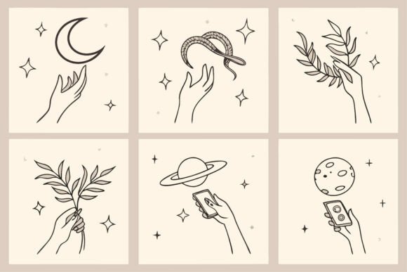 Celestial Botanical Line Art with Hands: Premium Graphics for Local Brands