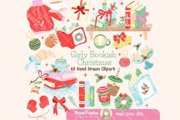 Girly Bookish Christmas Clipart Set PNG for Graphics & Illustrations