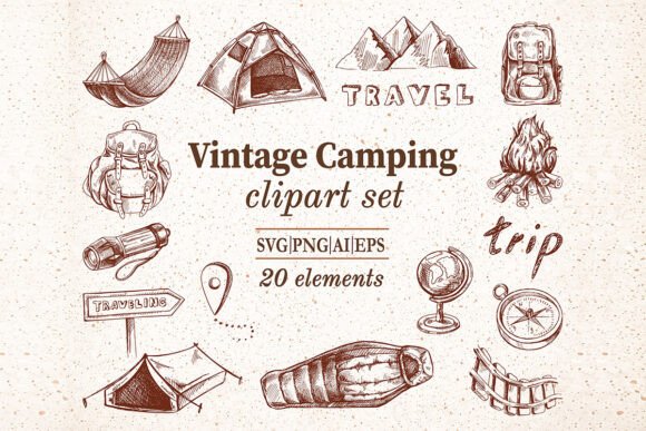 Hand Drawn Vintage Camping Set: Graphics for Authentic Illustrations