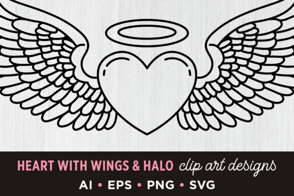 Heart with Wings and Halo Clip Art for Graphics & Illustrations