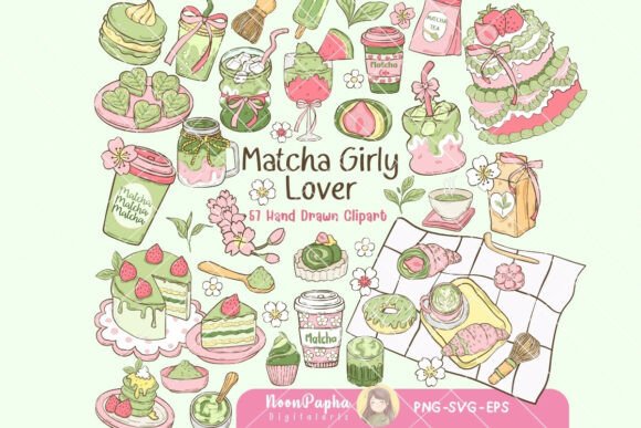 Matcha Girly Lover Clipart Set SVG PNG for Graphics & Illustrations