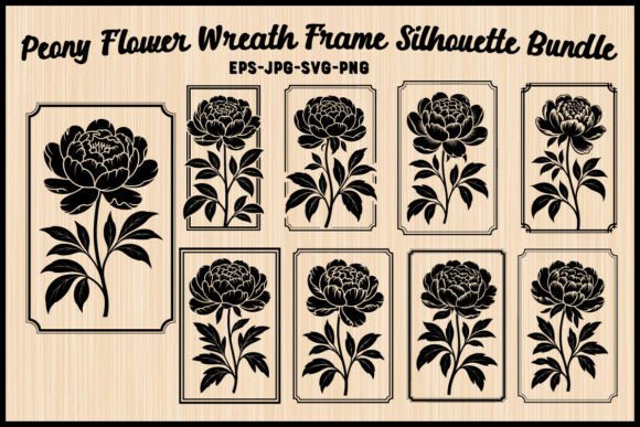 Peony Flower Silhouette with Frame Set: Premium Graphics & Illustrations