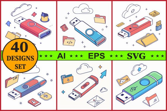 USB Flash Drive Icon Vector Bundle Set: Graphics & Illustrations
